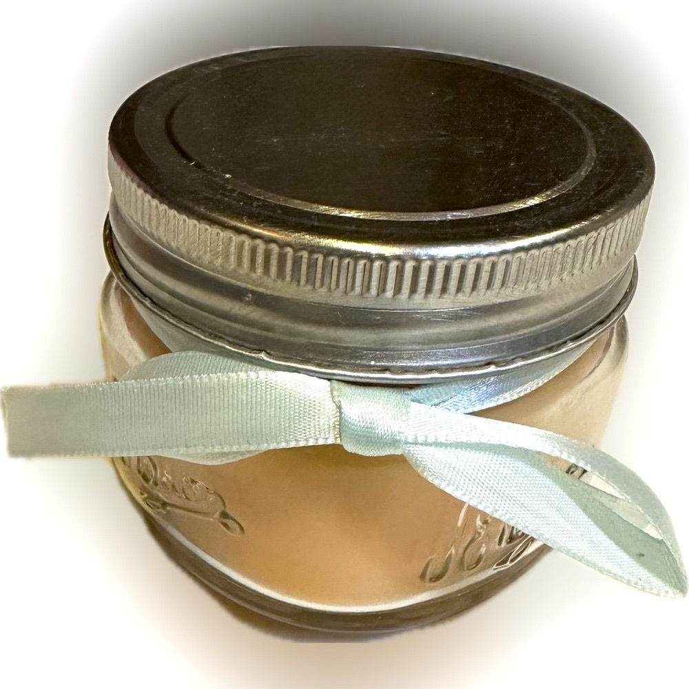 MASON JAR CANDLE PEACH BELLINI BLUE RIBBON GLASS SILVER LID OLD WILLIAMSBURGH
